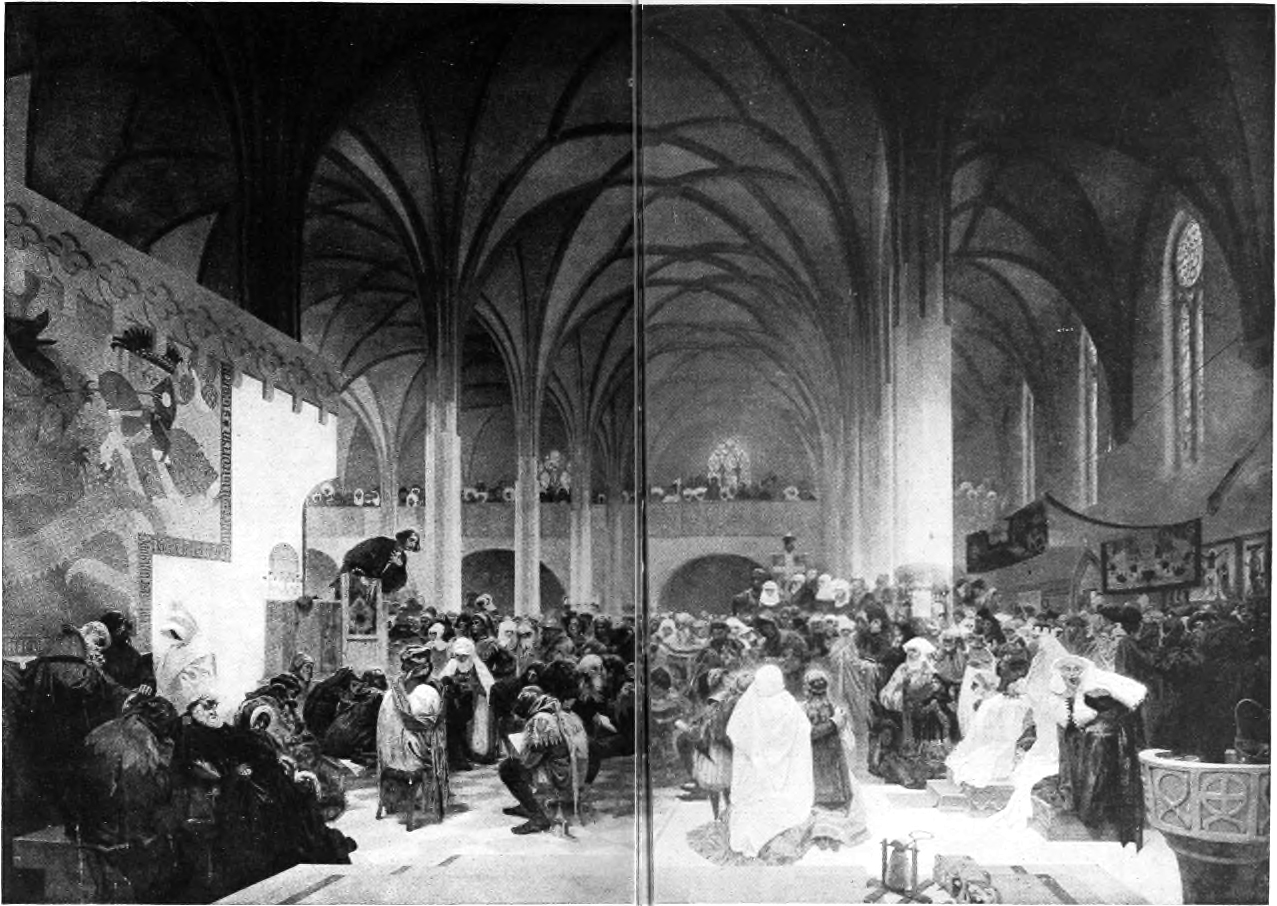 Historical illustration of Jan Hus preaching in the Bethlehem Chapel in Prague
